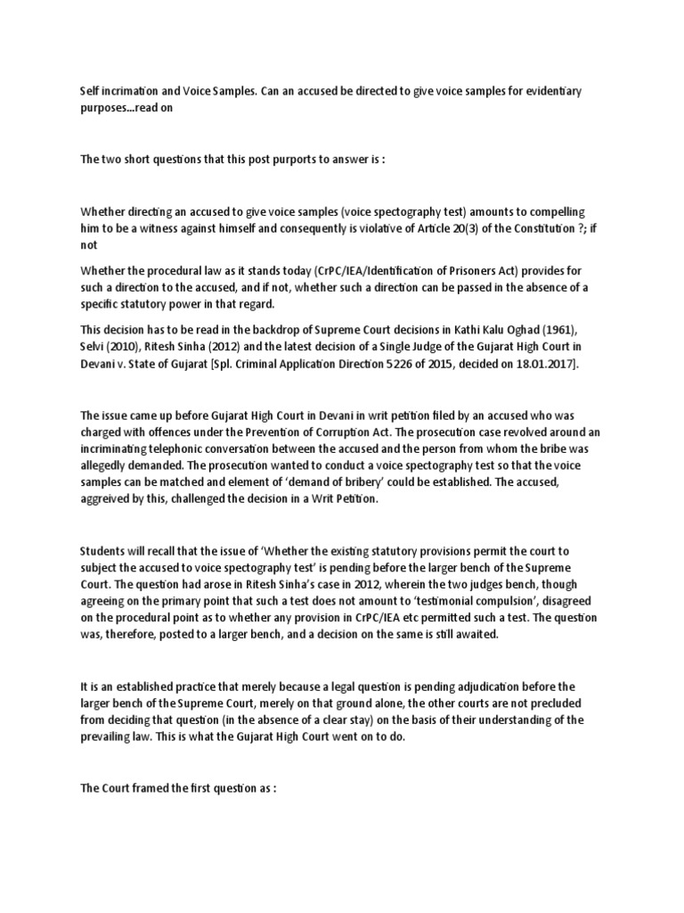 Self Incrimination and Voice Sample PDF Self Incrimination Right
