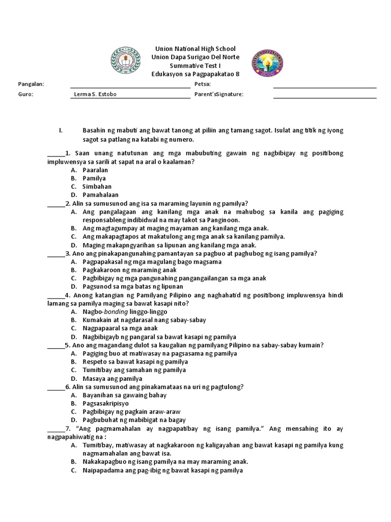 ESP 8 Summative Test 2020-2021 | PDF