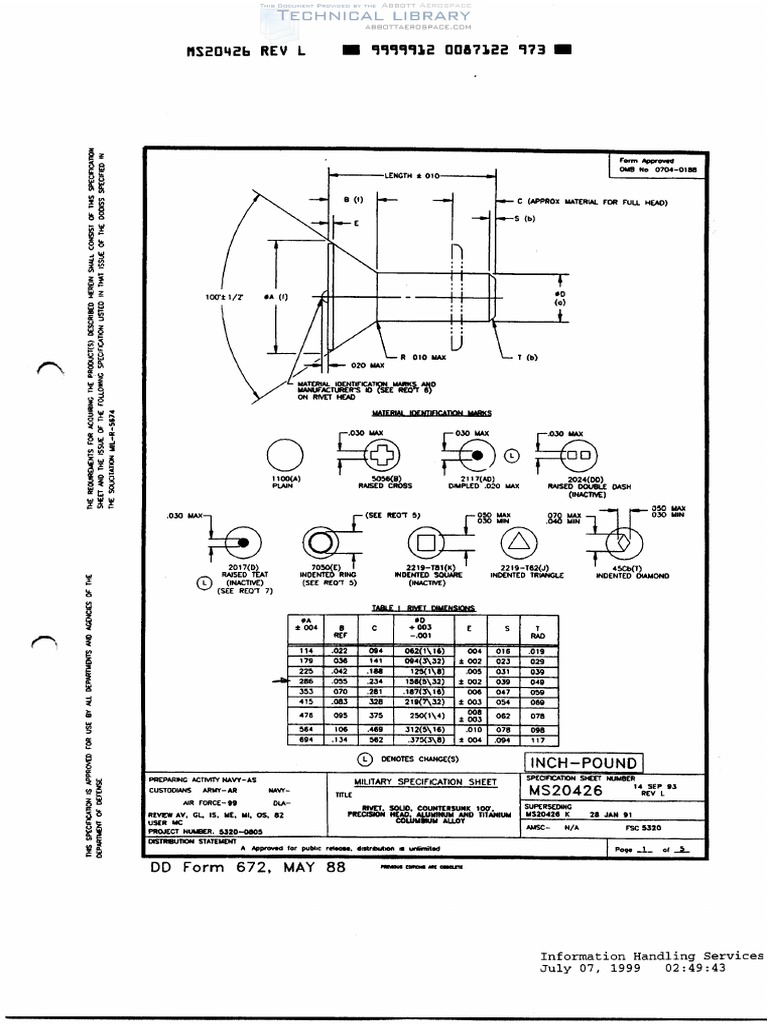 MS20426 Rivet, Solid, Countersunk 100°, Precision Head, Aluminum and ...
