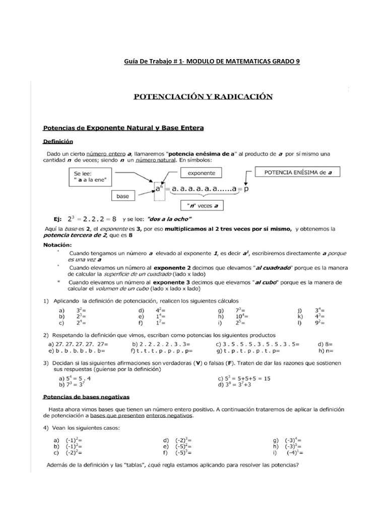 Guia 1 Modulo Matematicas Noveno Grado | PDF