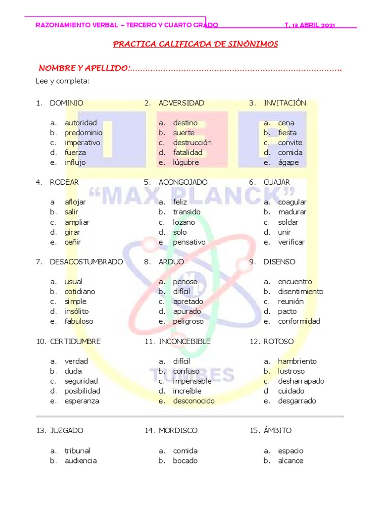 PRACTICA CALIFICADA DE SINÓNIMOS 13 ABRIL 3y4 Prim | PDF
