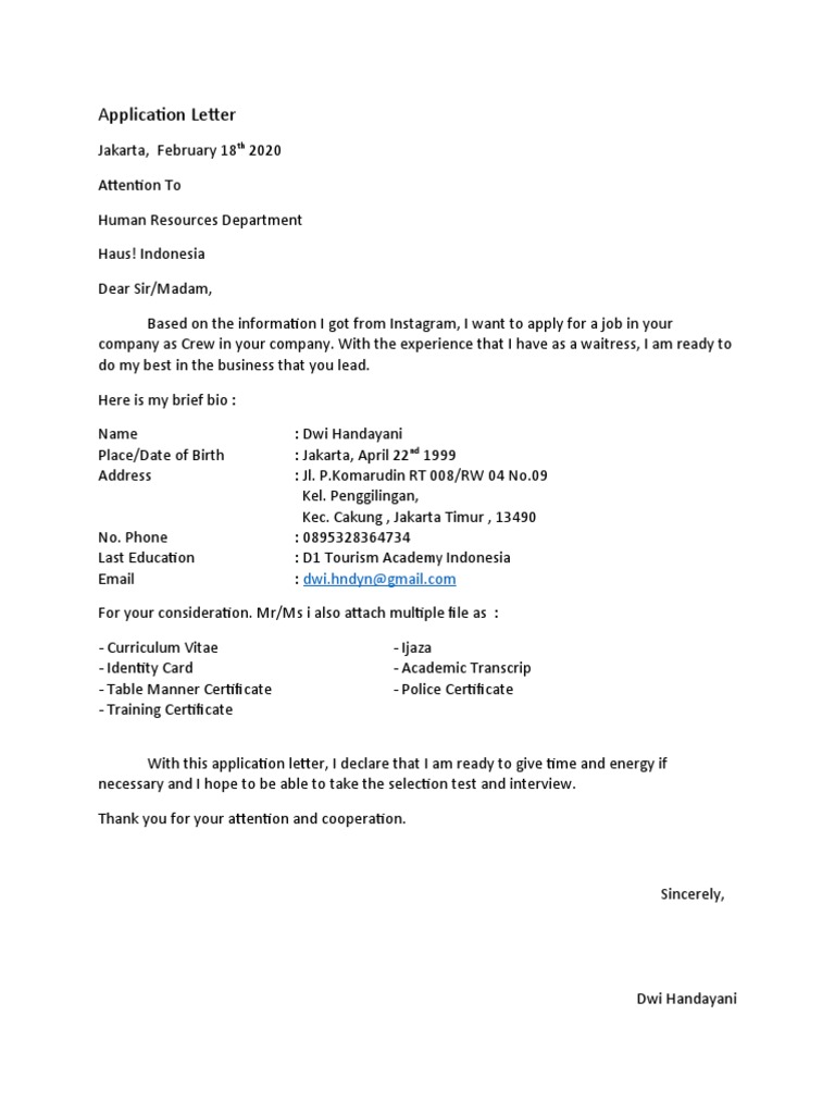 Application Letter - Dwi Handayani | PDF