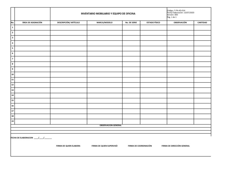 Inventario de Mobiliario y Equipo de Oficina | PDF