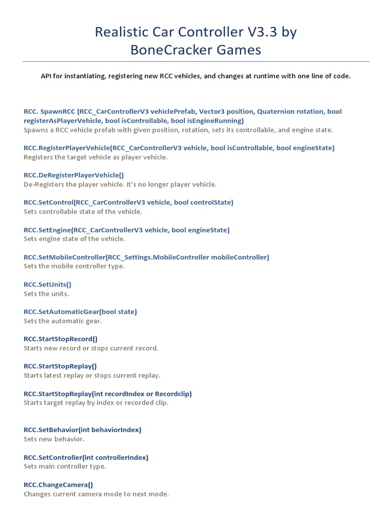 Realistic Car Controller V3.3 API Guide | PDF | Technology & Engineering
