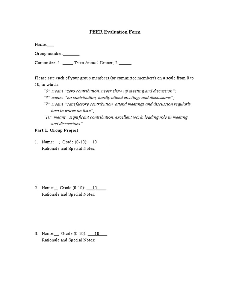 PEER Evaluation Form: Part 1: Group Project | PDF