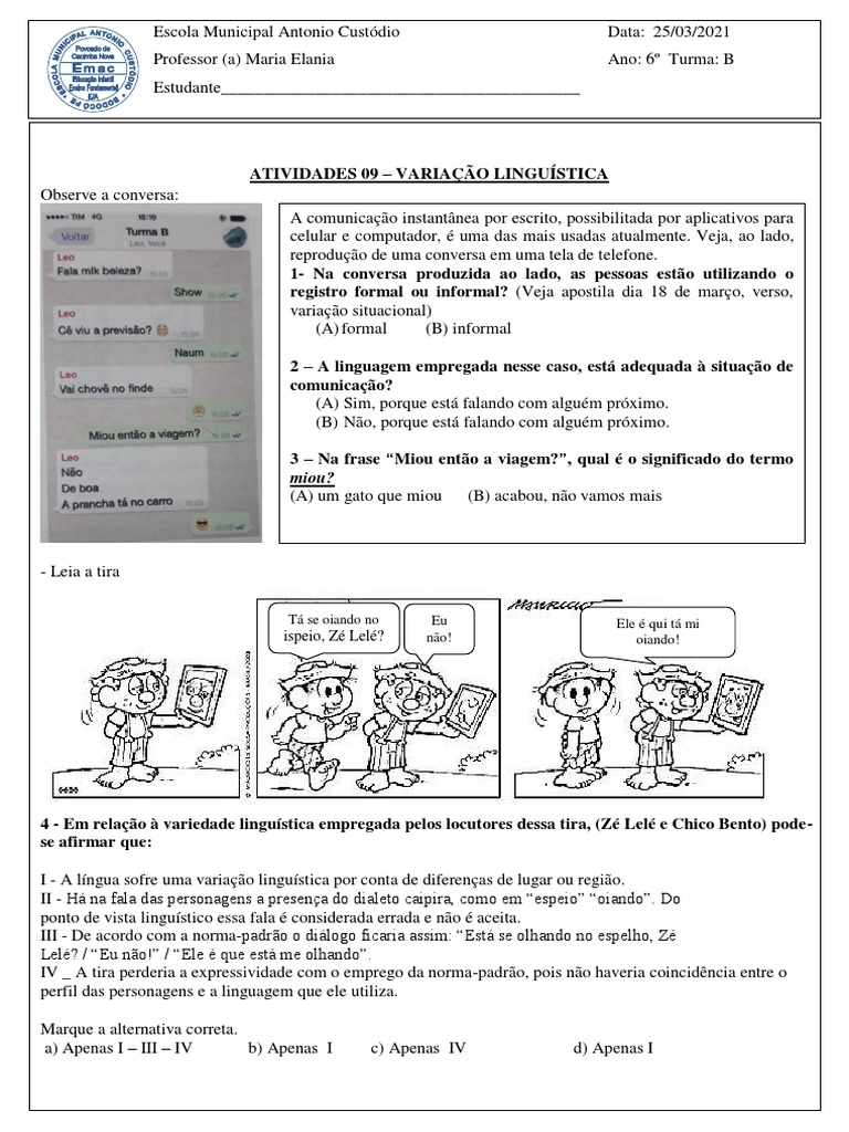 Variação Linguística - Língua Portuguesa - 6º Ano | PDF | Linguística ...