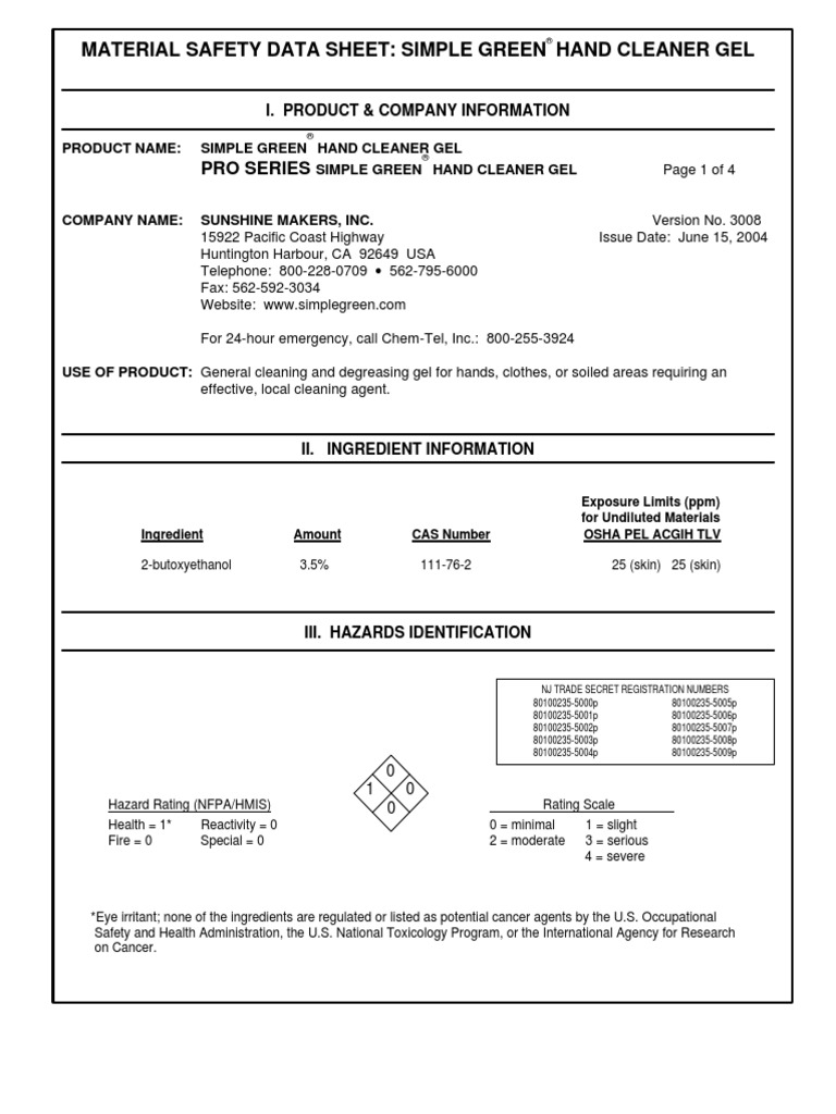 Simple Green Hand Cleaner Gel PDF Toxicity Firefighting