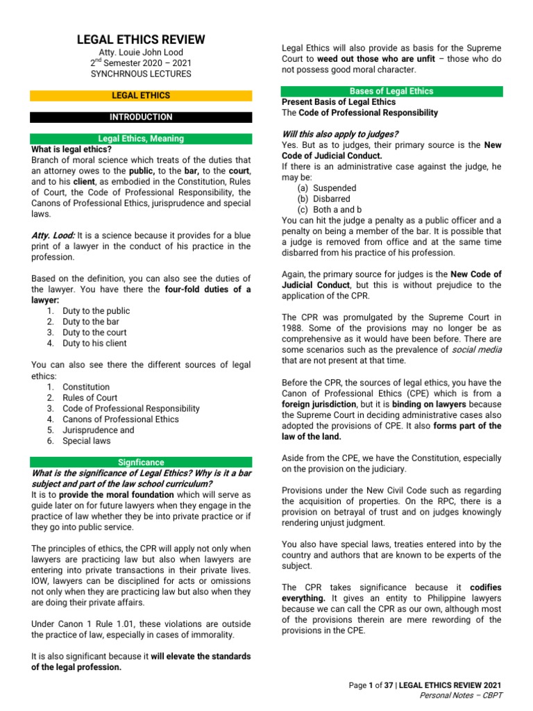 LEGAL ETHICS REVIEW Canons 1 16 2021 PDF Practice Of Law Lawyer