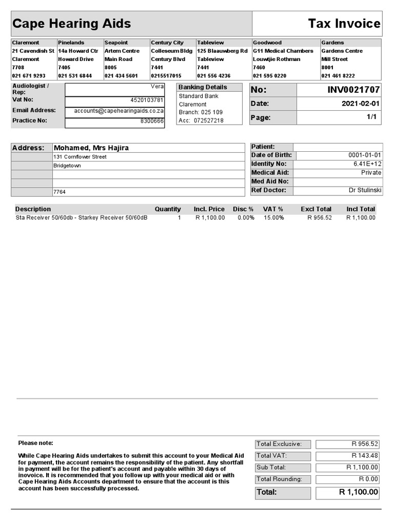 Medical Invoice for Hearing Aids | PDF | Invoice | Accounting