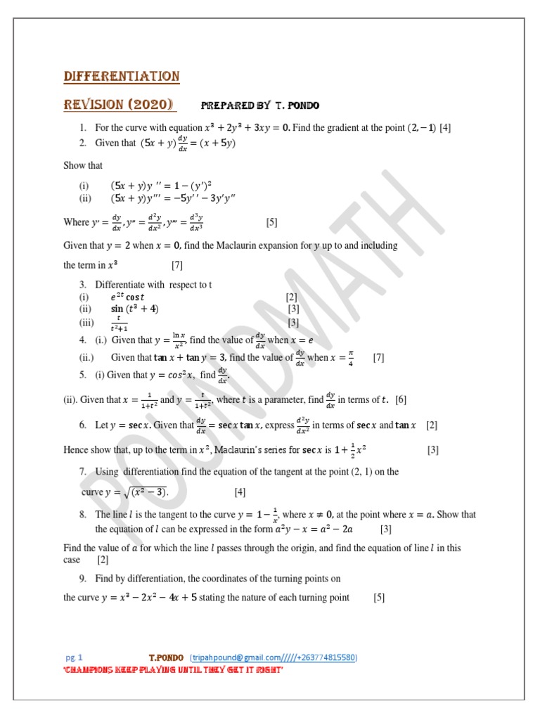 Differentiation Problems and Solutions | PDF | Tangent | Equations