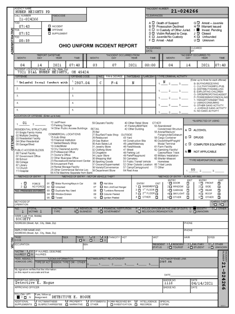 Ohio Uniform Incident Report Part 1 PDF Violence