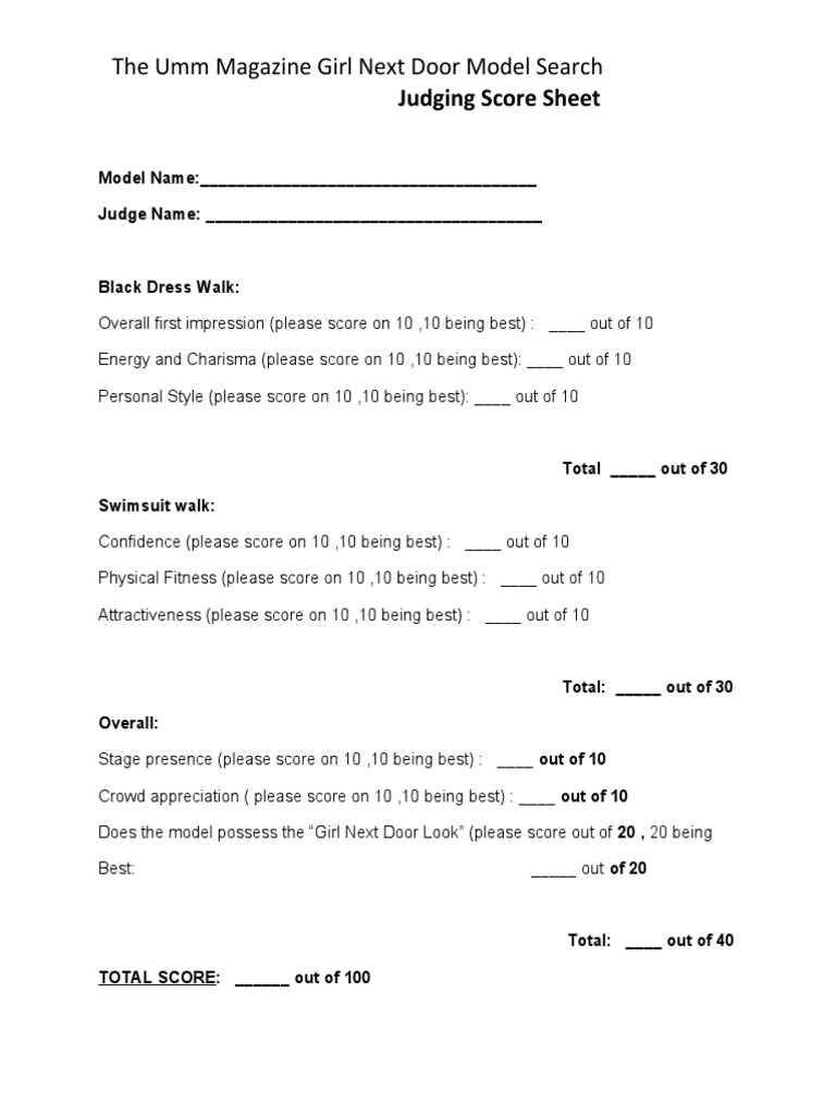 Model Search Judging Score Sheet | PDF | Career & Growth | Self-Improvement