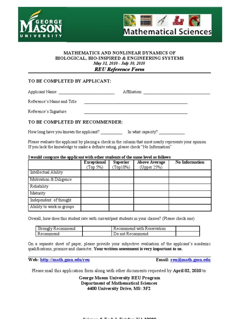 REU Reference Form for Mathematics Program | PDF