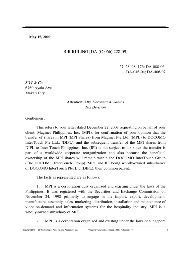BIR Ruling (DA - (C-066) 228-09) - Capital Infusion in The Form of APIC ...
