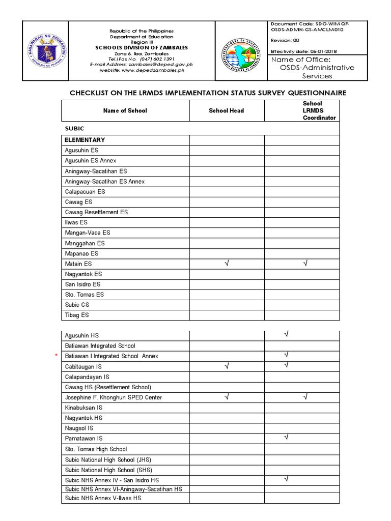 Checklist On LRMDS Implementation Status Survey Questionnaire For ...
