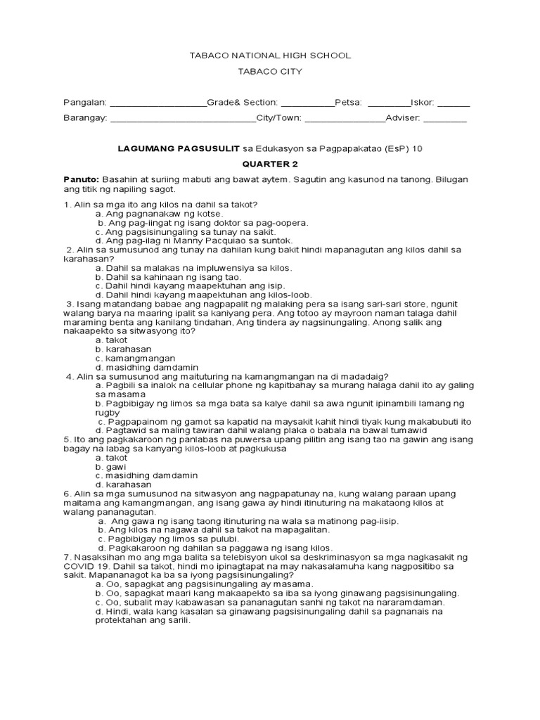 Summative Test 2 in EsP 10-6.1-6.4 | PDF
