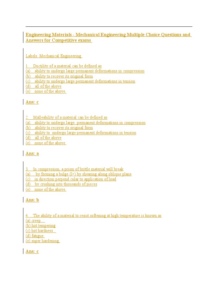 Engineering Materials Mechanical Engineering Multiple Choice