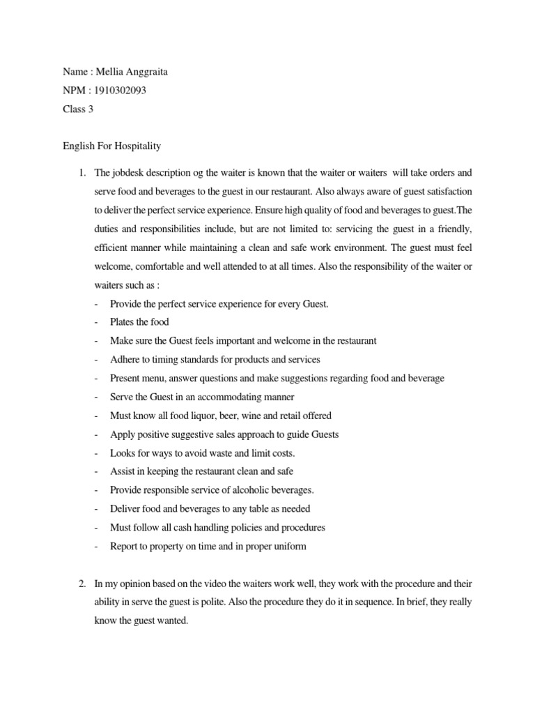English For Hospitality | Download Free PDF | Waiting Staff | Restaurants