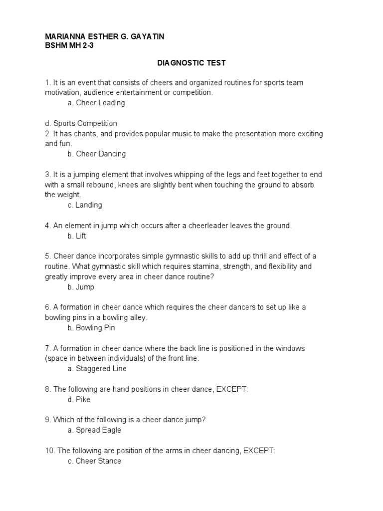 Cheerdance Diagnostic Test Overview | PDF