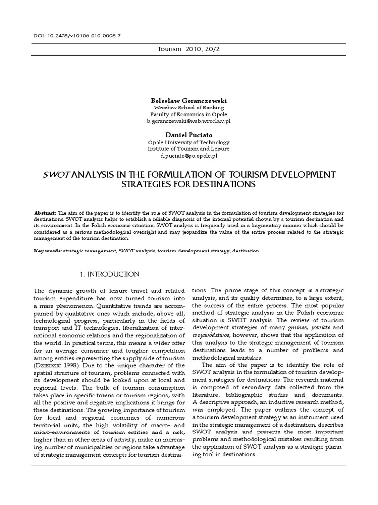 Swot Analysis in The Formulation of Tourism Development | PDF