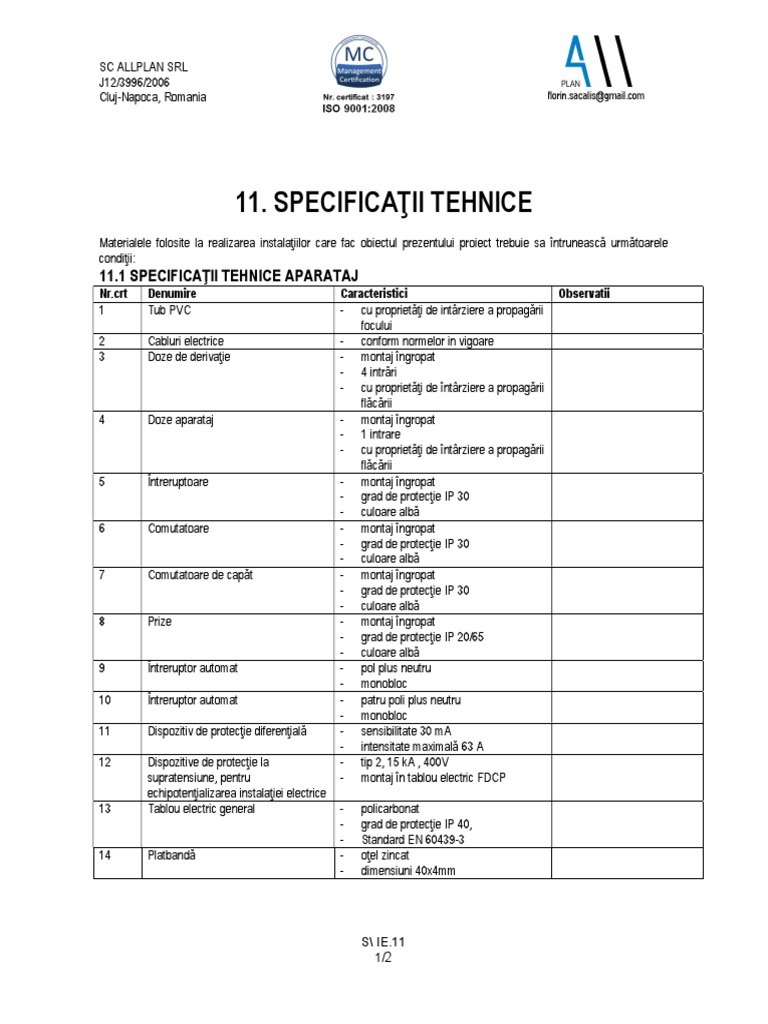 11.specificatii Tehnice | PDF