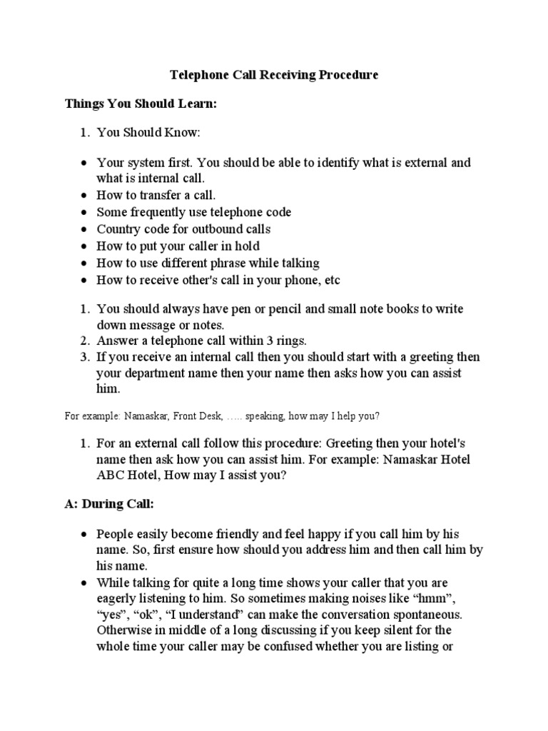 Telephone Call Receiving Procedure PDF Telephone Call Telephone