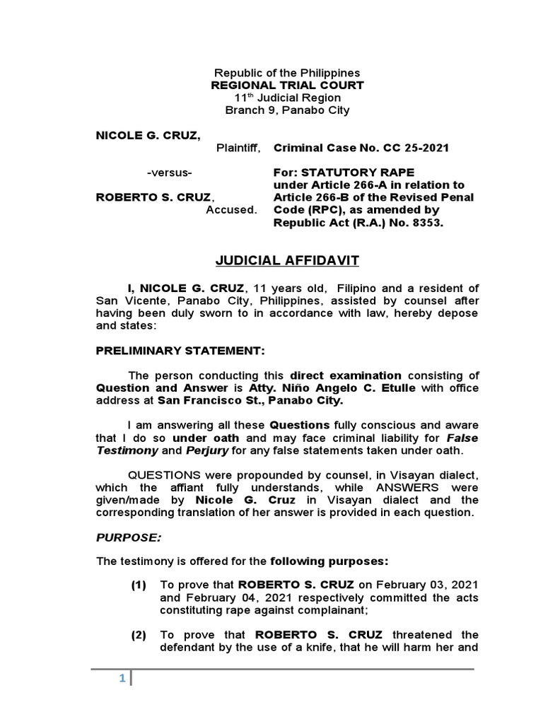 Judicial affidavit testimony and perjury for any false statements