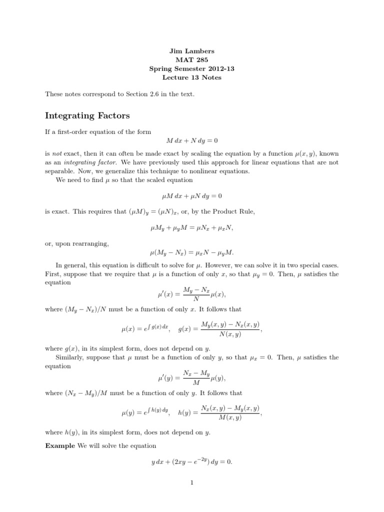 Lecture Notes on Integrating Factors for First-Order Nonlinear ...