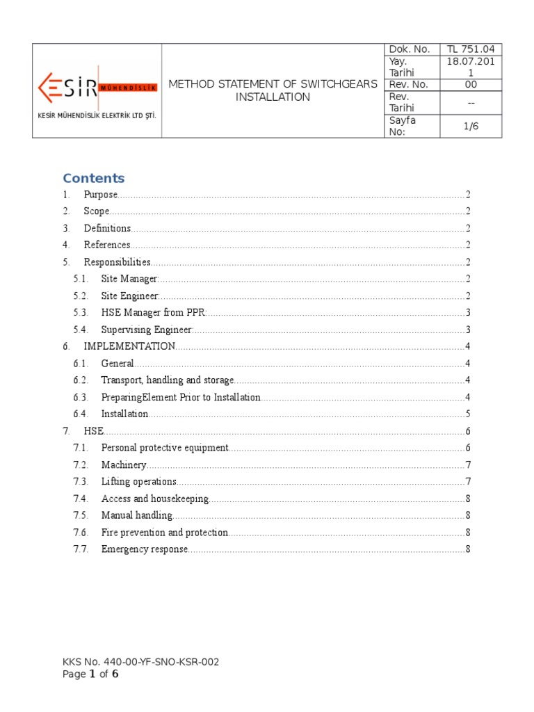 Switchgear Installation Method Statement | PDF | Occupational Safety ...