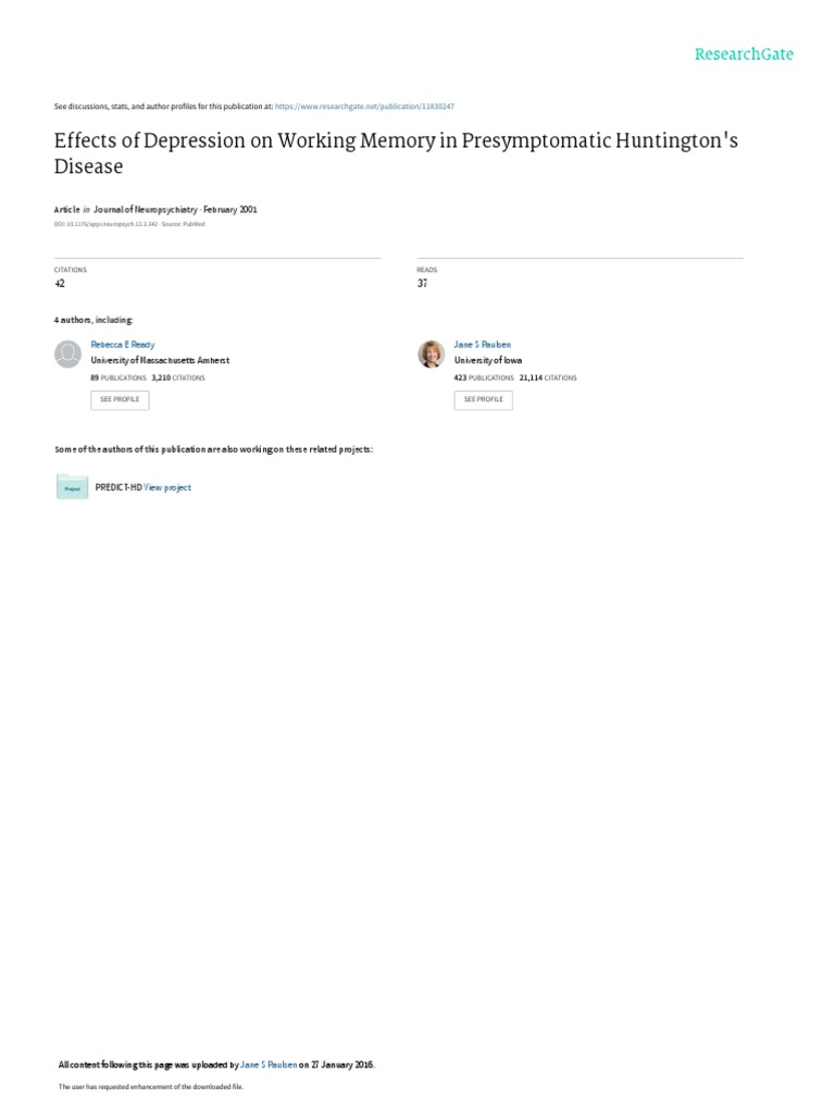 Depression's Impact on Memory in Huntington's | PDF | Working Memory ...