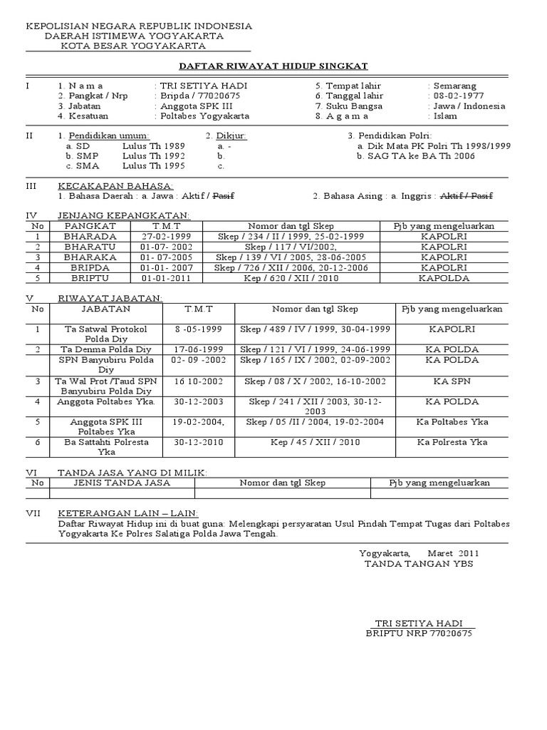 Contoh Format Daftar Riwayat Hidup Anggota Polri