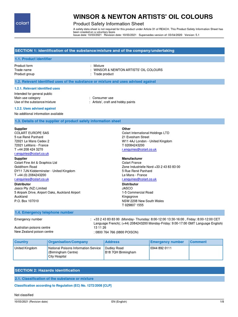 884955031223-W&N Artists' Oil Colours Non Hazardous SDS (English ...