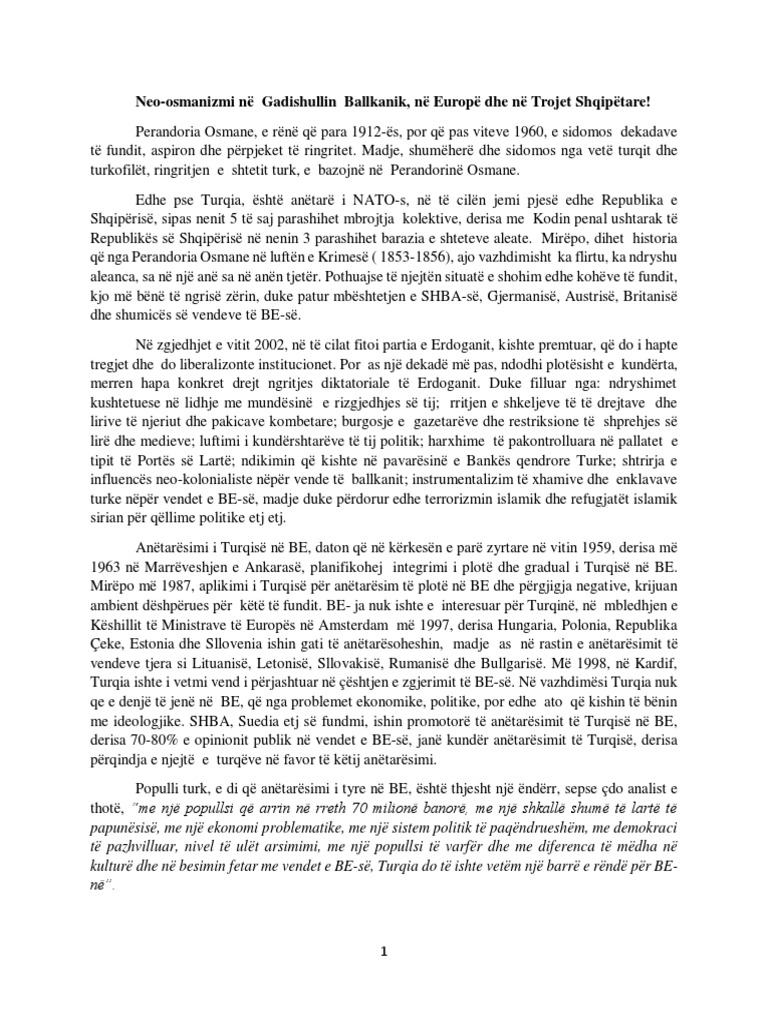 NeoOsmanizmi Në Gadishullin Ballkanik, Europw Dhe Në Trojet Shqipwtare