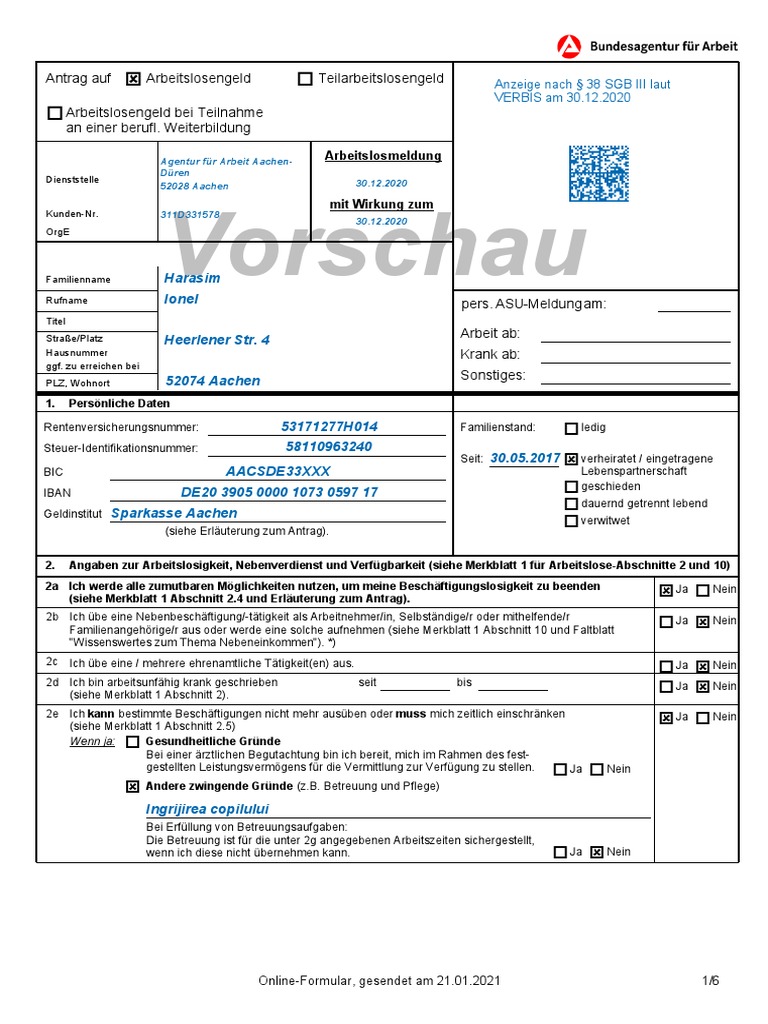Antrag Auf Arbeitslosengeld (PDF, 110 KB) | PDF