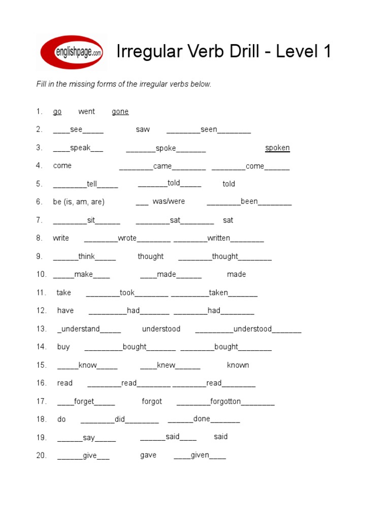 Irregular Verbs Drill 1 PDF