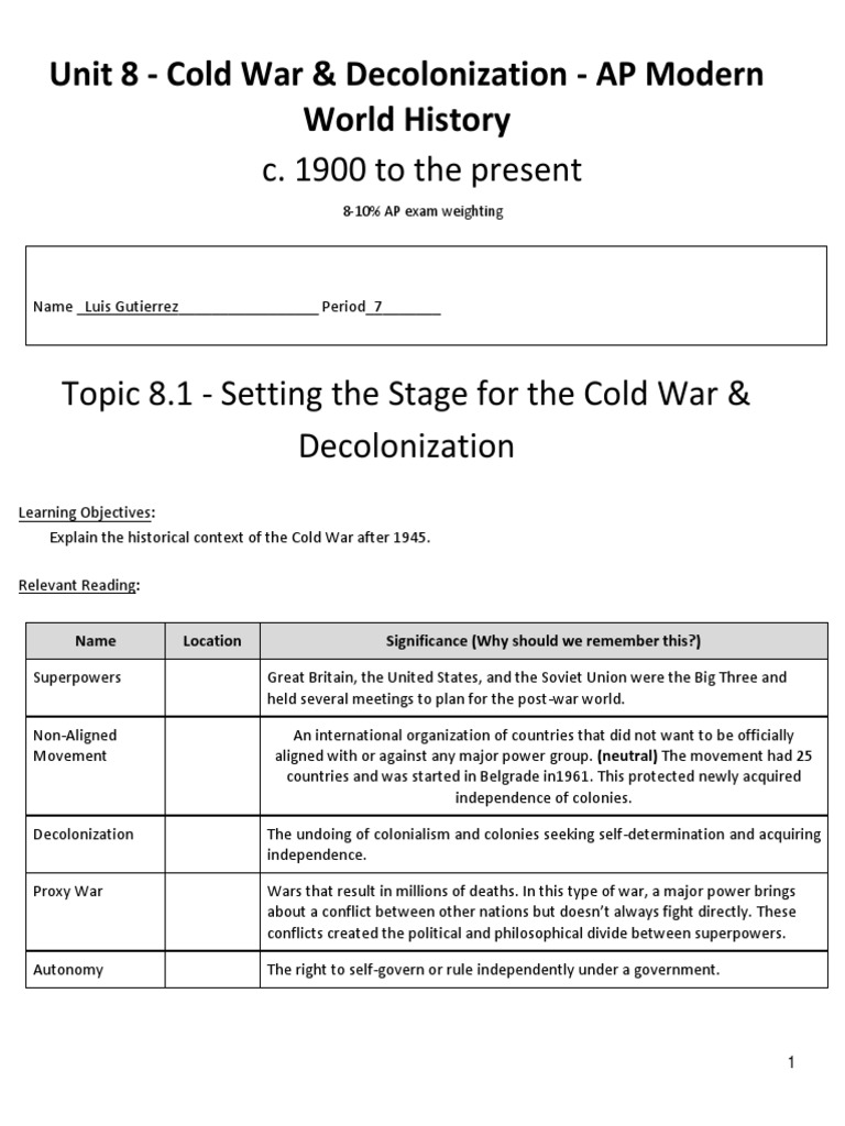 Unit 8 Cold War Decolonization Learning Packet PDF Cold War