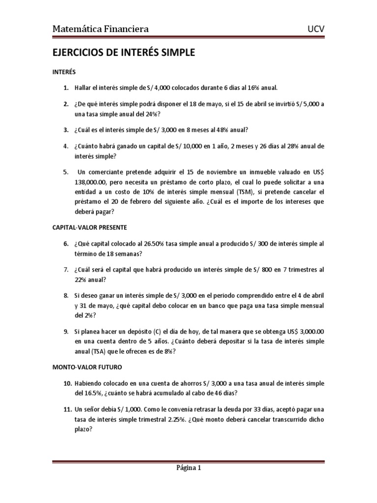 Ejercicios de Interés Simple en Finanzas | PDF | Economias | Finanzas ...