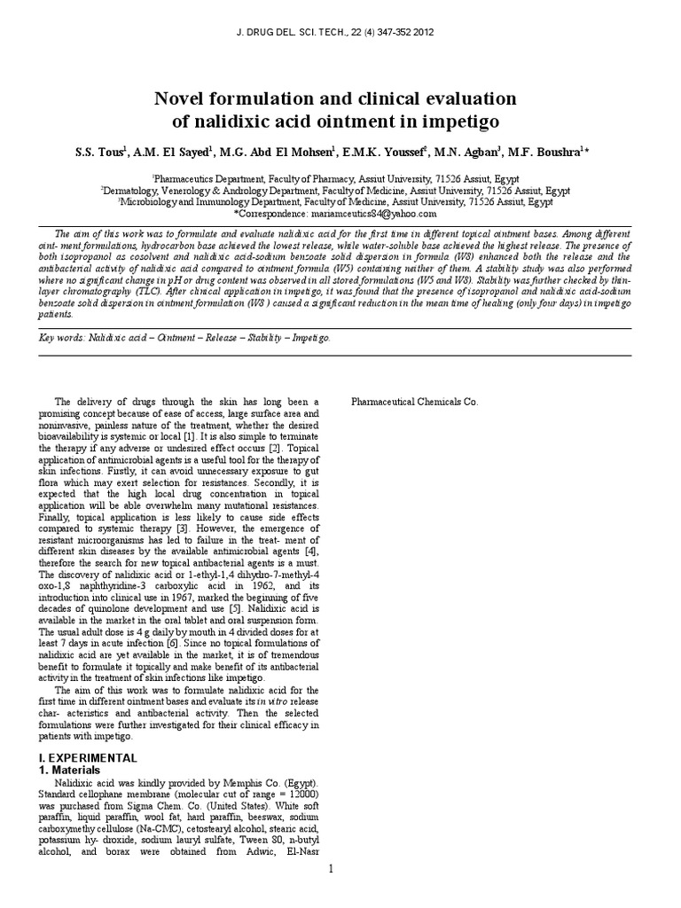 Formulation and Clinical Evaluation of Nalidixic Acid Ointment for Treatment of Impetigo PDF
