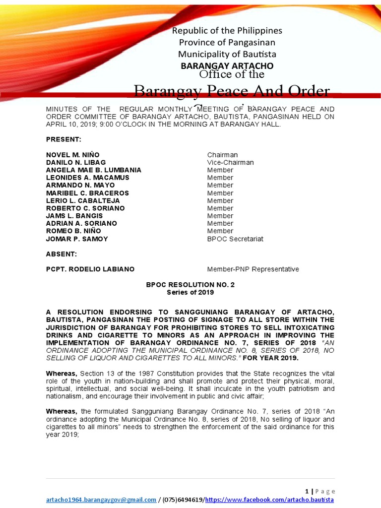 BPOC Resolution on Liquor and Cigarette Sales | PDF | Government | Justice