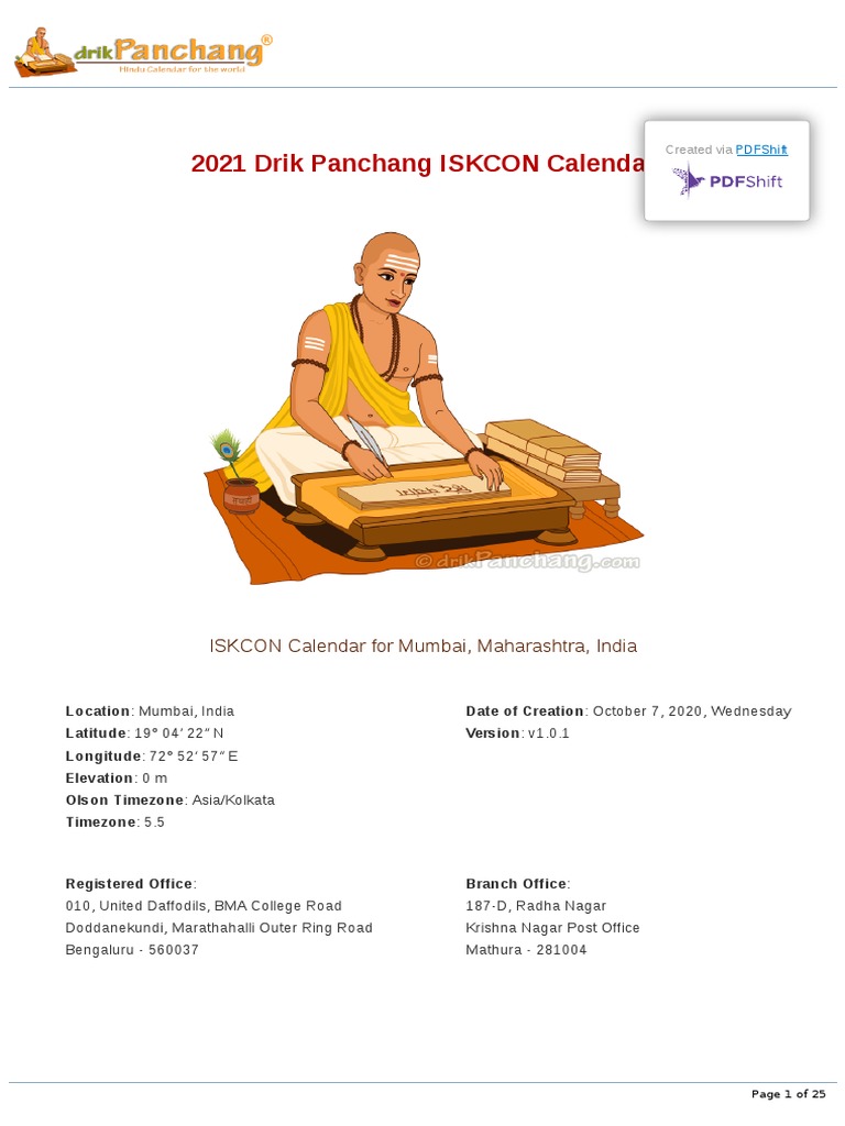 2021 Drik Panchang Iskcon Calendar PDF Vaishnavism Theistic