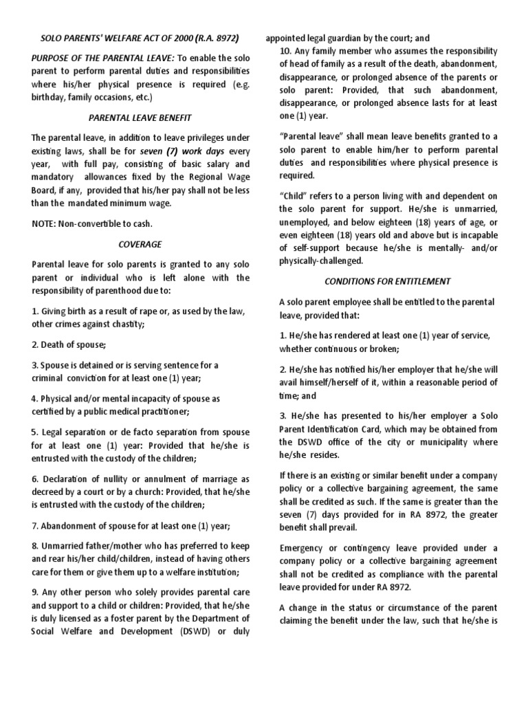 Solo Parents' Welfare Act of 2000 (R.A. 8972) Purpose of The Parental ...
