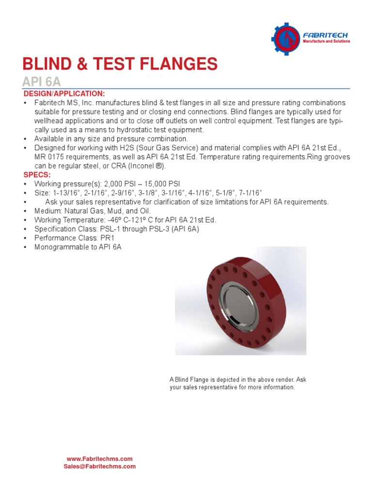Blind Flange Test Flange API 6a Spec Sheet | PDF