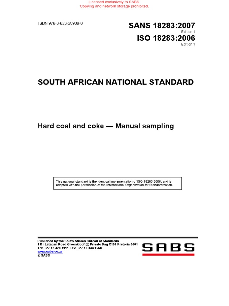 SANS 18283:2007 ISO 18283:2006: Hard Coal and Coke - Manual Sampling ...