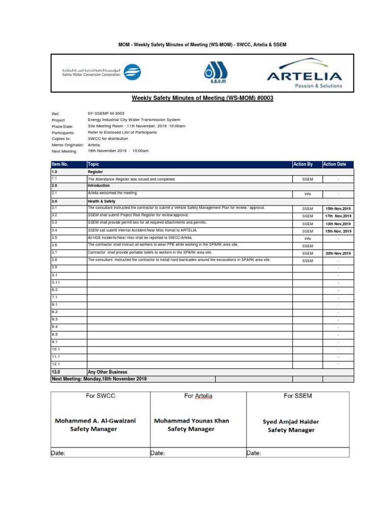 Weekly Safety Meeting Minutes #0003 | PDF | Safety | Occupational ...