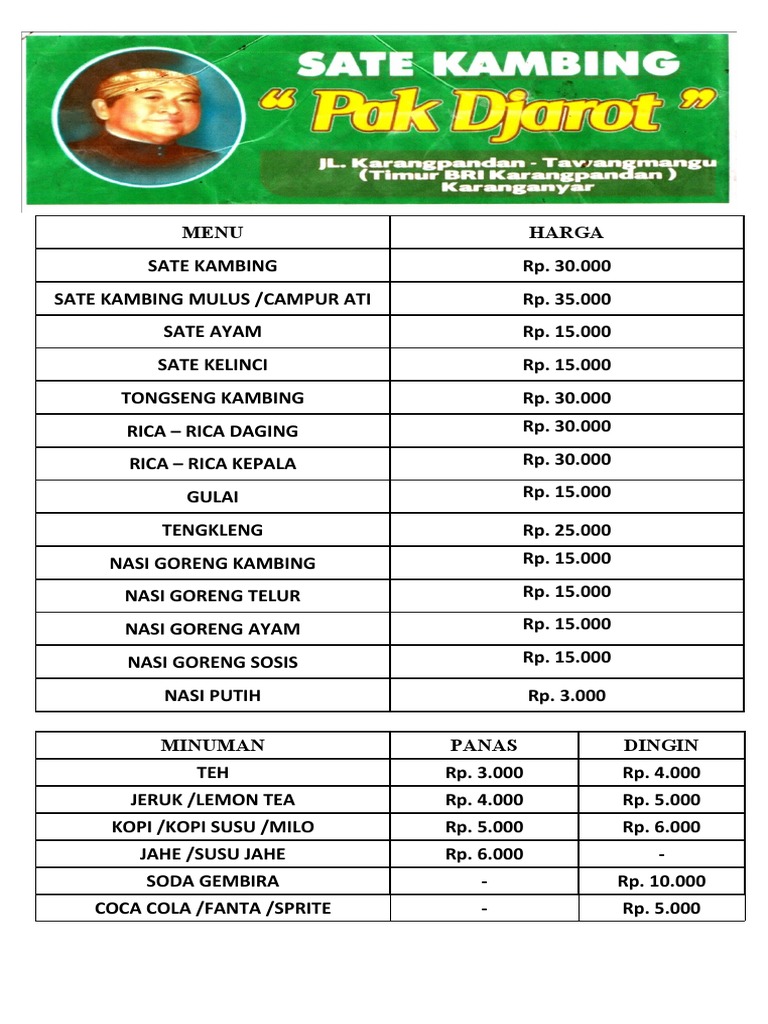 Menu Sate Kambing Pak Djarot | PDF | Memasak, Makanan, & Anggur