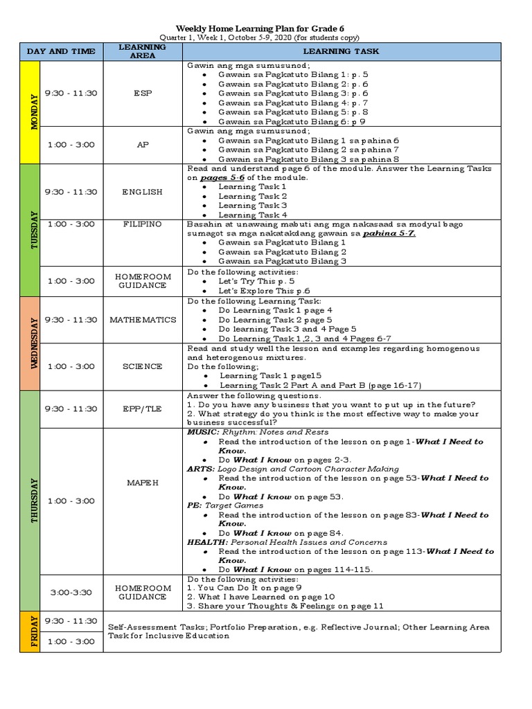 Weekly Home Learning Plan For Grade 6: Day and Time Learning Area ...