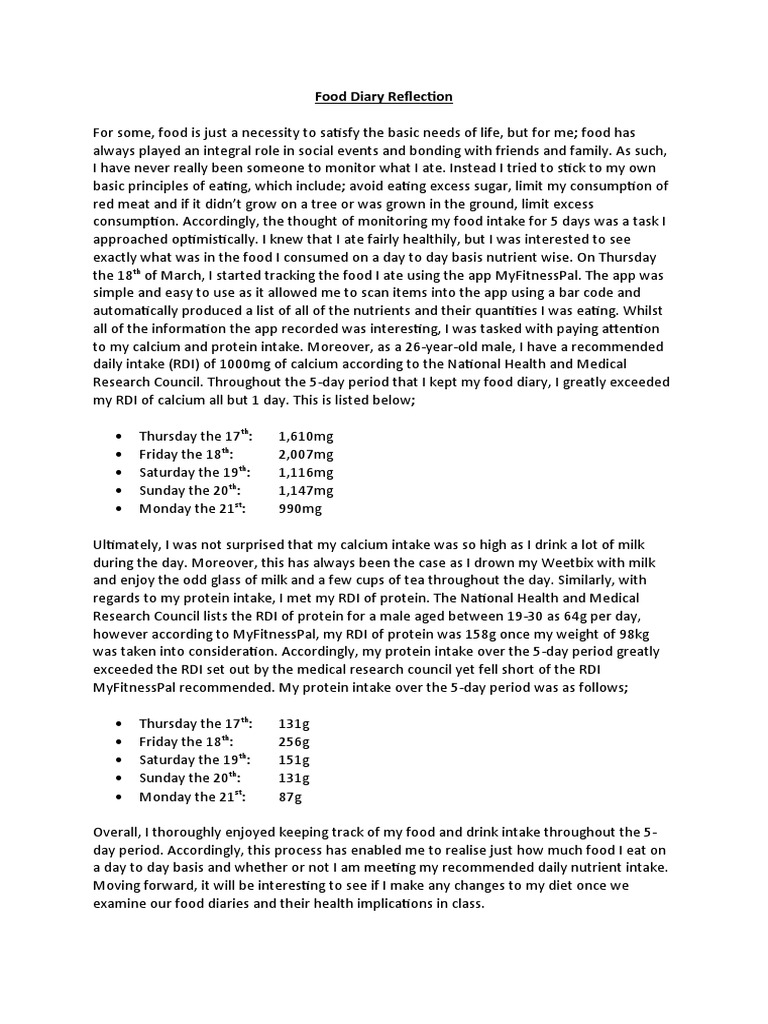 Food Diary Reflection PDF Foods Nutrients