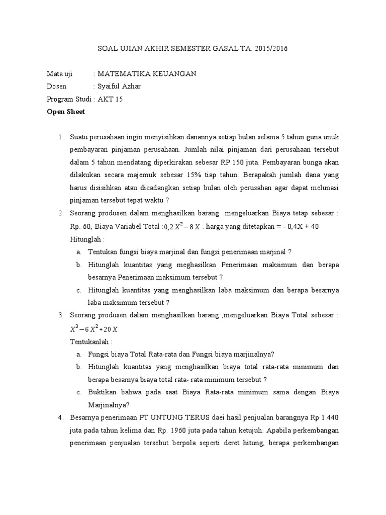 Soal Matematika Keuangan Kelas 12 | PDF