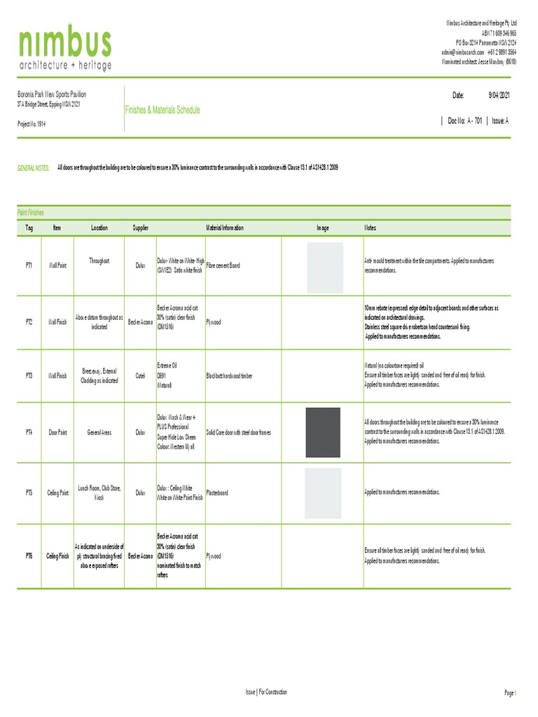1914 Boronia Park - A701 (A) Finishes and Materials Schedule | PDF ...