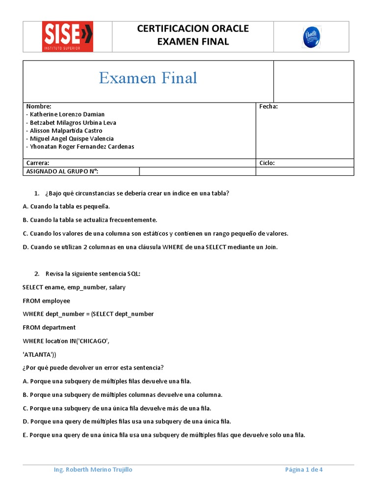 Examen Final de Certificación Oracle | PDF | SQL | Bases de datos
